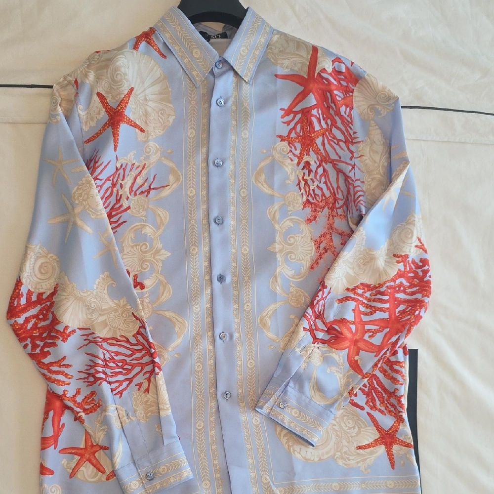 Versace Men's Barocco Coral Print Silk Shirt, 50 IT, 40 US L, NWT, Under The Sea